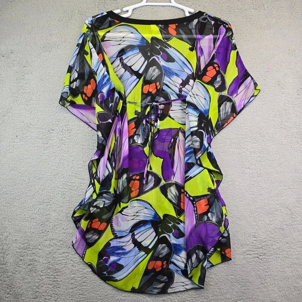 One World Beach Cover Up Women's XL Purple Butterfly Kimono Sheer V-Neck Overlay